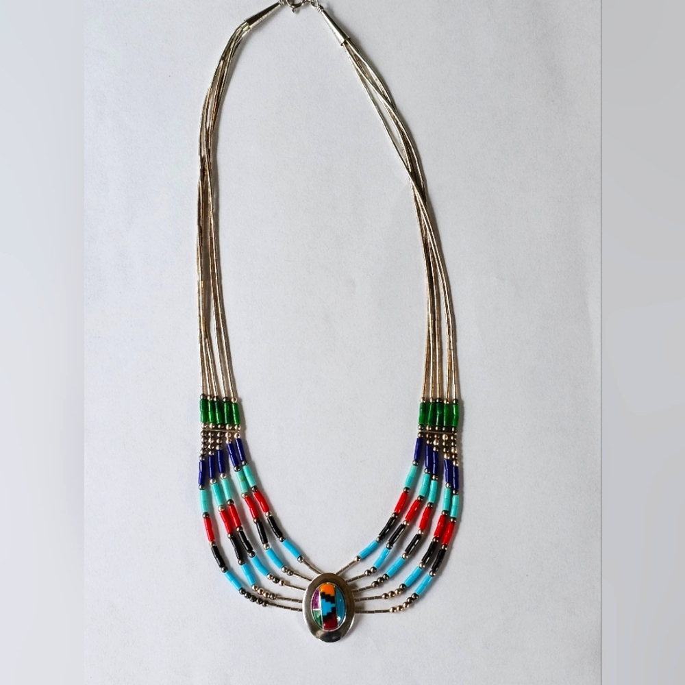 Authentic Turquoise Pendant 5 Strand Heishi Liquid Sterling Silver Necklace